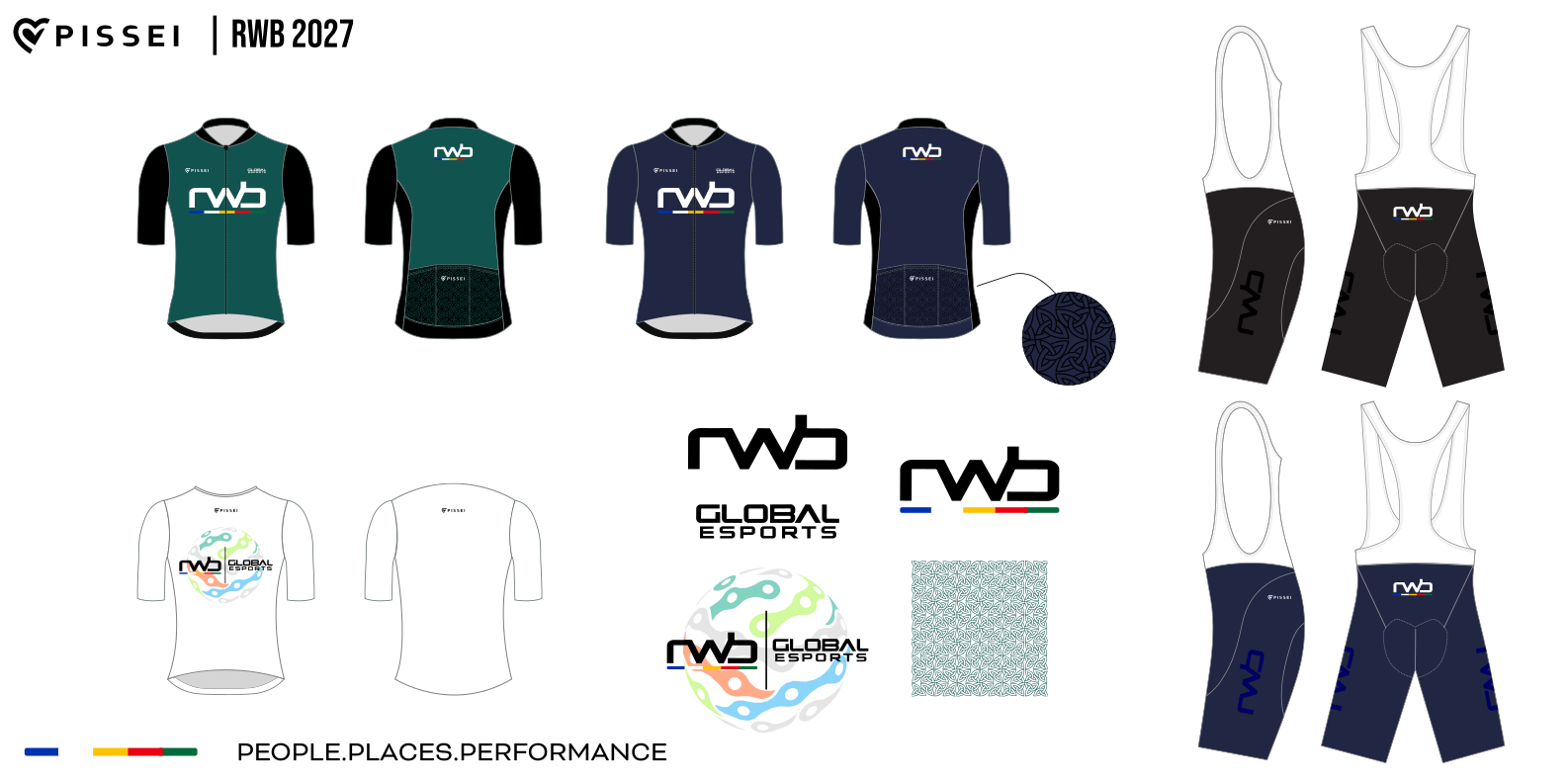 RWB 2027 club kit by Pissei: green and navy jerseys, black and navy bib shorts, and the white RWB Global eSports jersey
