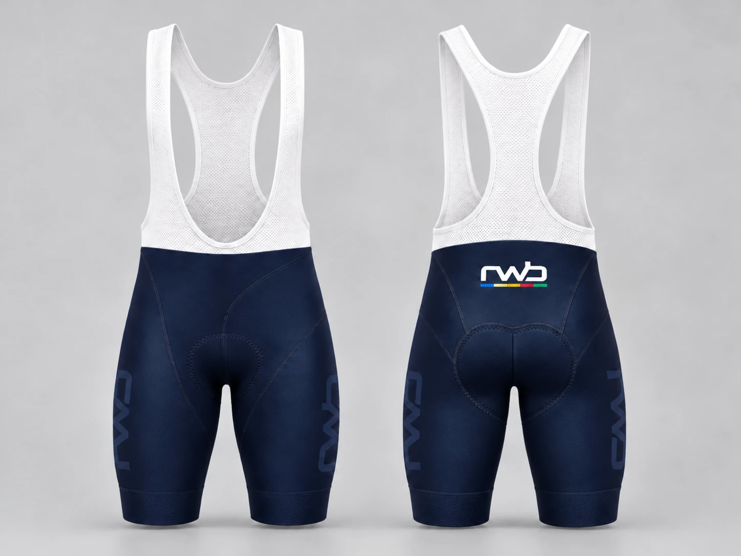 RWB 2027 bib shorts in navy, front and back
