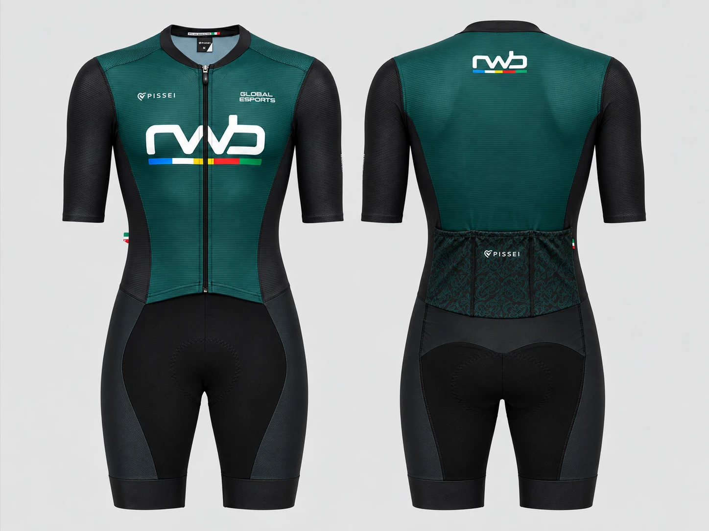 RWB 2027 skinsuit in green and black, front and back
